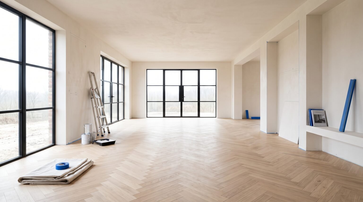 Vivienda en reforma con escalera y material de pintura