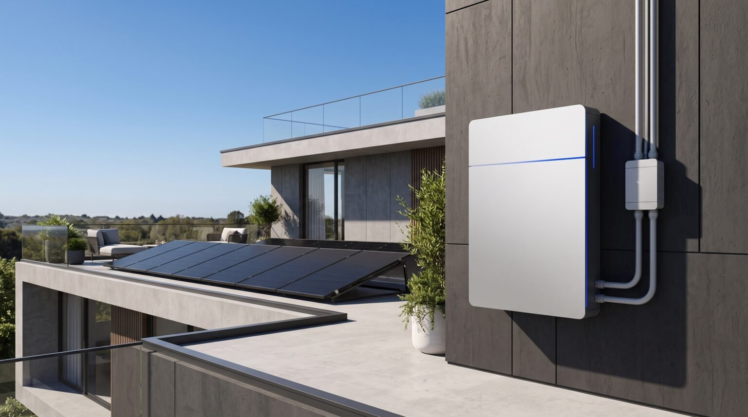 Placas solares en terraza y batería doméstica en la pared