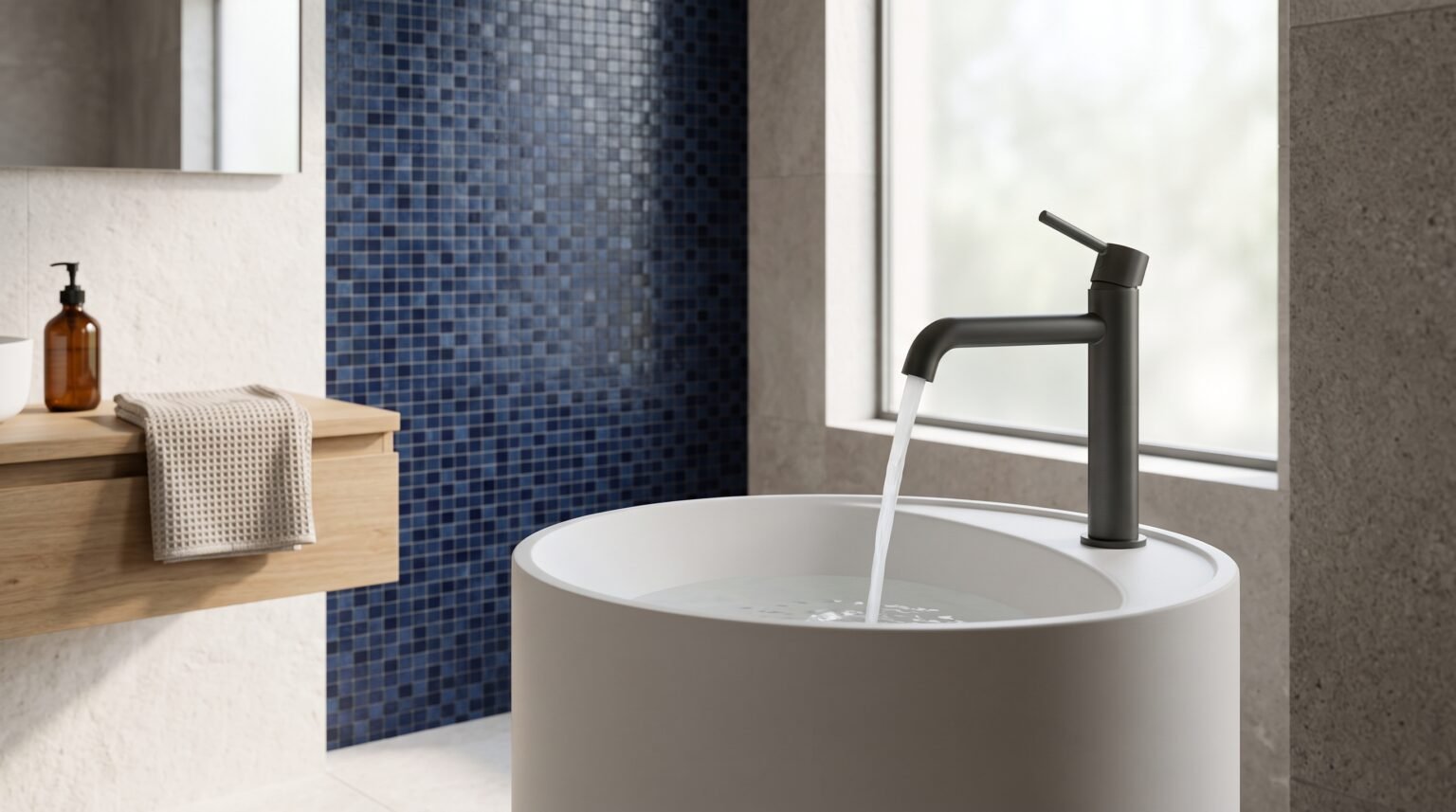 Grifo moderno sobre lavabo de diseño
