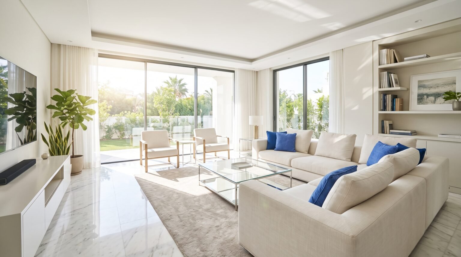 Salón limpio y luminoso con sofá blanco
