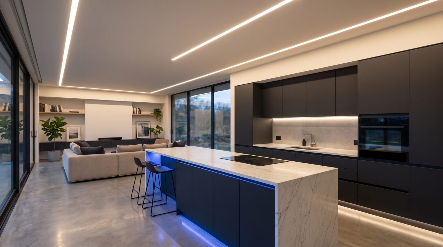 Cocina y salón con iluminación LED en techo e isla