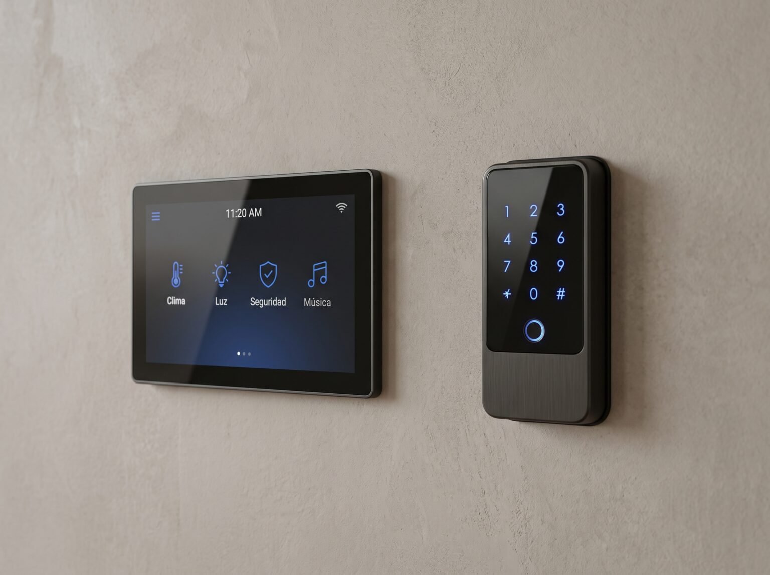 Panel de domótica y teclado de alarma en la pared